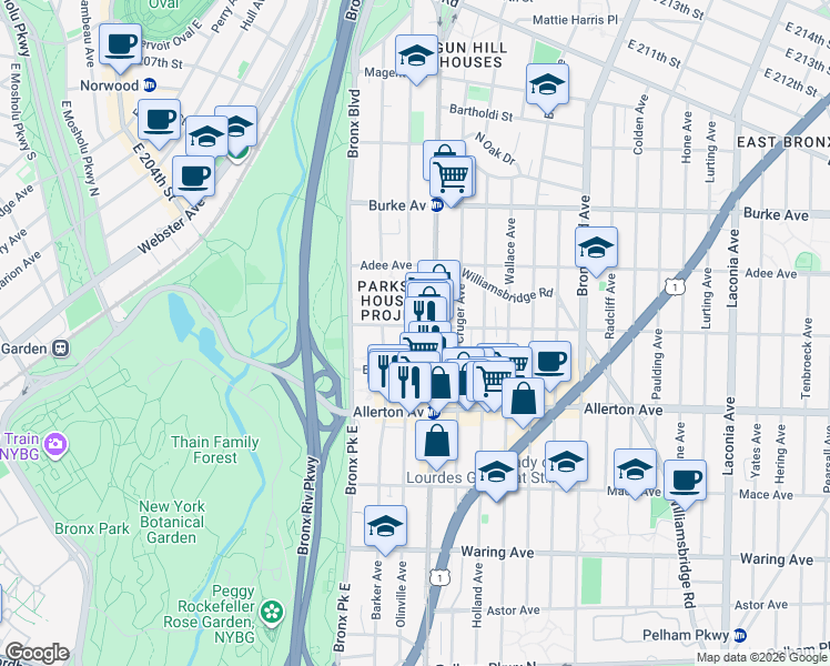map of restaurants, bars, coffee shops, grocery stores, and more near 2853 White Plains Road in The Bronx