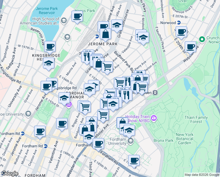 map of restaurants, bars, coffee shops, grocery stores, and more near 2791 Pond Place in Bronx