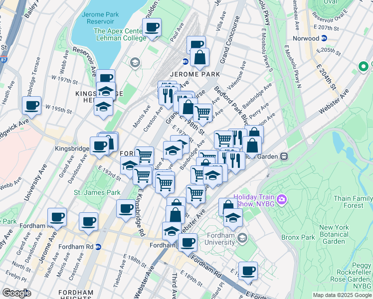 map of restaurants, bars, coffee shops, grocery stores, and more near 2771 Bainbridge Avenue in The Bronx