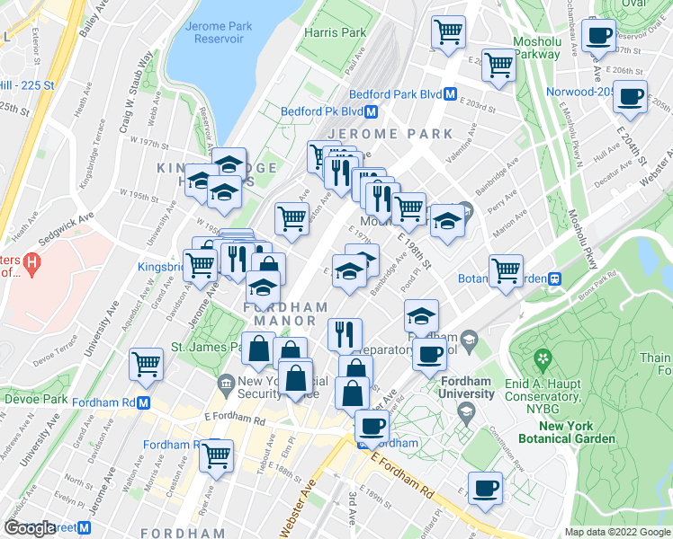 map of restaurants, bars, coffee shops, grocery stores, and more near in The Bronx