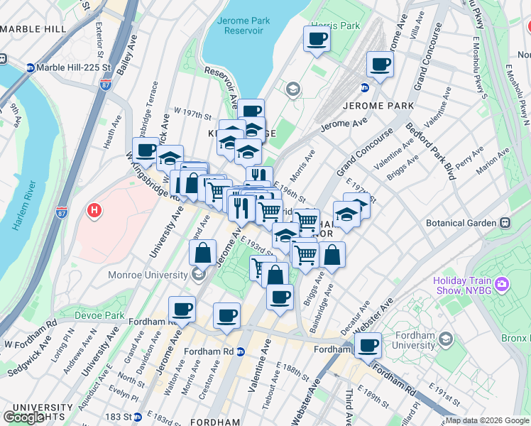 map of restaurants, bars, coffee shops, grocery stores, and more near in The Bronx
