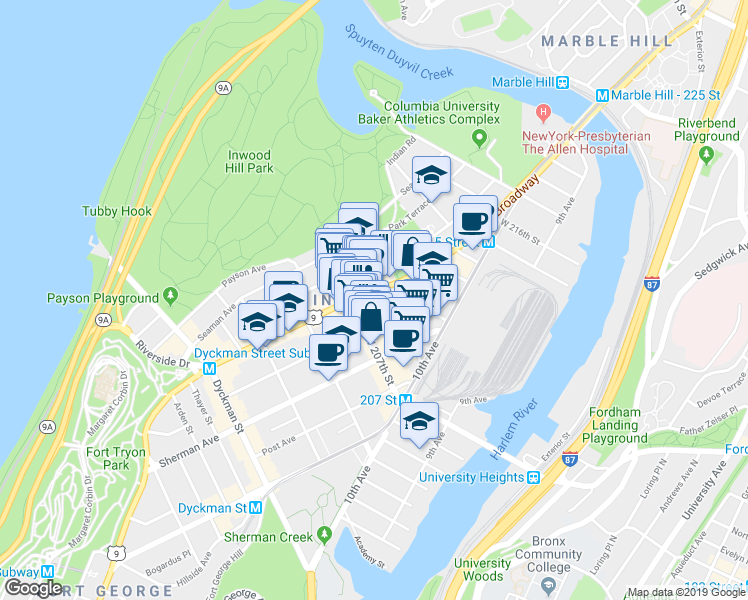 map of restaurants, bars, coffee shops, grocery stores, and more near 4966 Broadway in New York