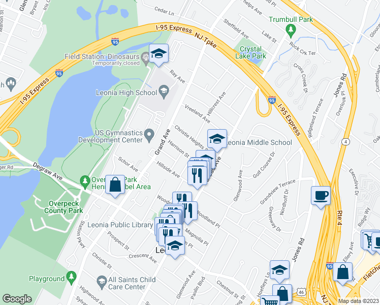 map of restaurants, bars, coffee shops, grocery stores, and more near 229 Harrison Street in Leonia