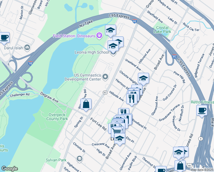 map of restaurants, bars, coffee shops, grocery stores, and more near 469 Grand Avenue in Leonia