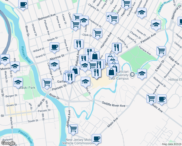 map of restaurants, bars, coffee shops, grocery stores, and more near in Garfield