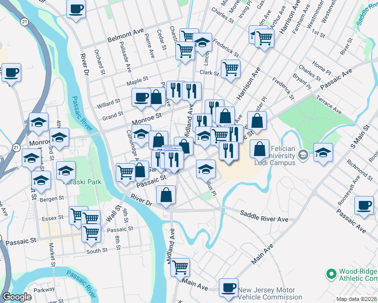map of restaurants, bars, coffee shops, grocery stores, and more near 115 Marsellus Place in Garfield