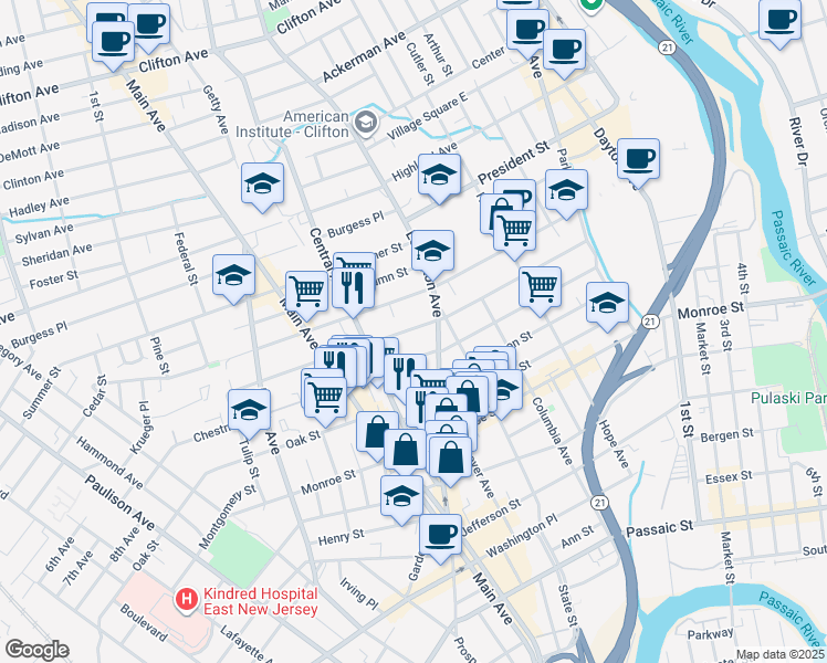 map of restaurants, bars, coffee shops, grocery stores, and more near 155 Sherman Street in Passaic