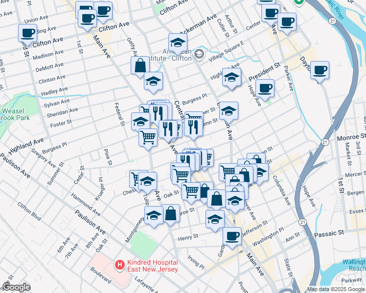 map of restaurants, bars, coffee shops, grocery stores, and more near 375 Harrison Street in Passaic