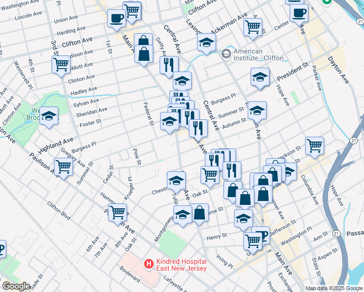 map of restaurants, bars, coffee shops, grocery stores, and more near 173 Myrtle Avenue in Passaic