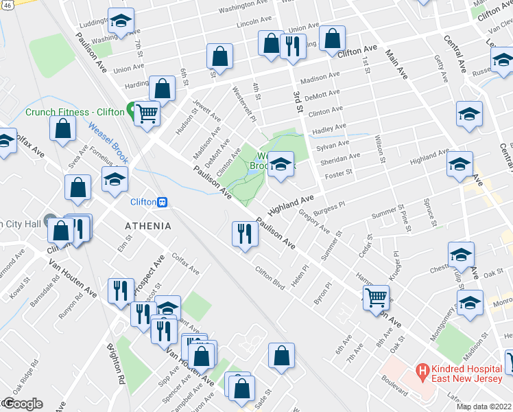 map of restaurants, bars, coffee shops, grocery stores, and more near 728 Paulison Avenue in Clifton