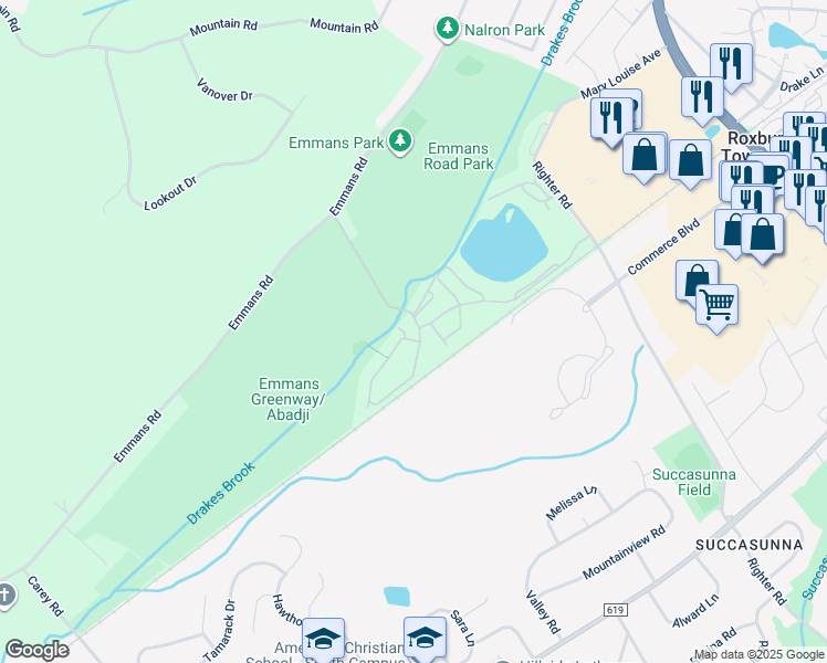 map of restaurants, bars, coffee shops, grocery stores, and more near 93 Autumn Court in Roxbury Township