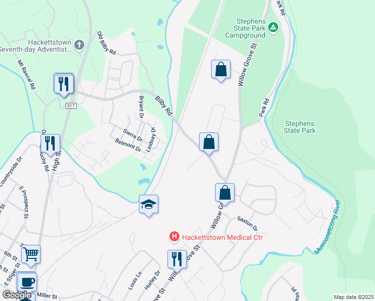 map of restaurants, bars, coffee shops, grocery stores, and more near 112 Bilby Road in Hackettstown
