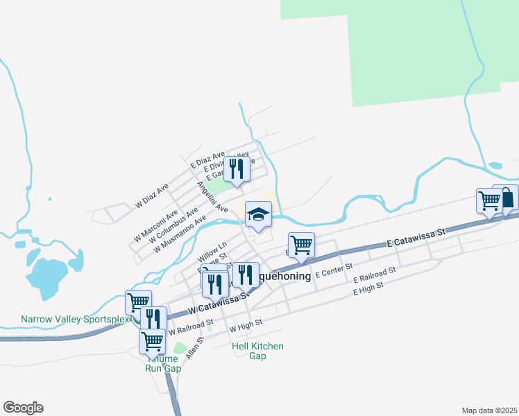 map of restaurants, bars, coffee shops, grocery stores, and more near 36 East Locust Street in Nesquehoning