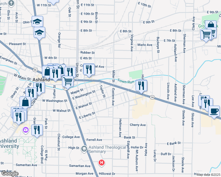 map of restaurants, bars, coffee shops, grocery stores, and more near 308 Eastern Avenue in Ashland
