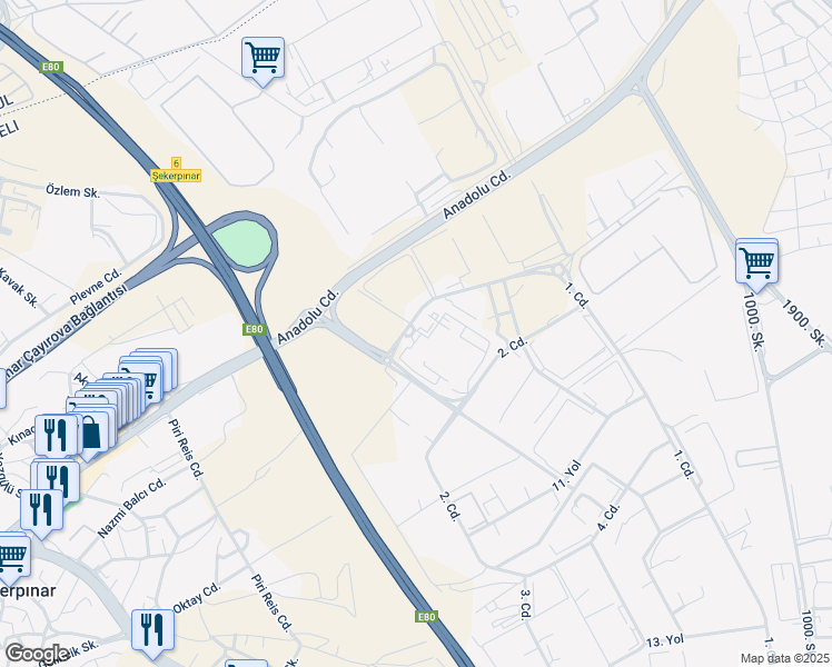 map of restaurants, bars, coffee shops, grocery stores, and more near No:6 1. Caddesi in Çayırova