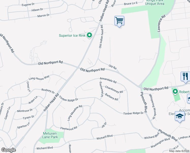 map of restaurants, bars, coffee shops, grocery stores, and more near 36 Annandale Road in Commack