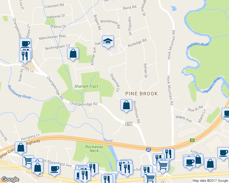 map of restaurants, bars, coffee shops, grocery stores, and more near 18 Dogwood Circle in Montville