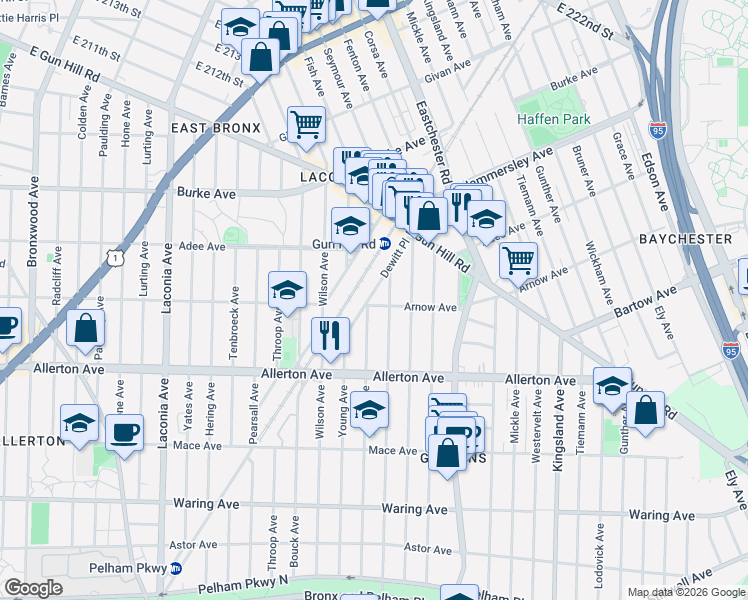 map of restaurants, bars, coffee shops, grocery stores, and more near 2903 Seymour Avenue in The Bronx