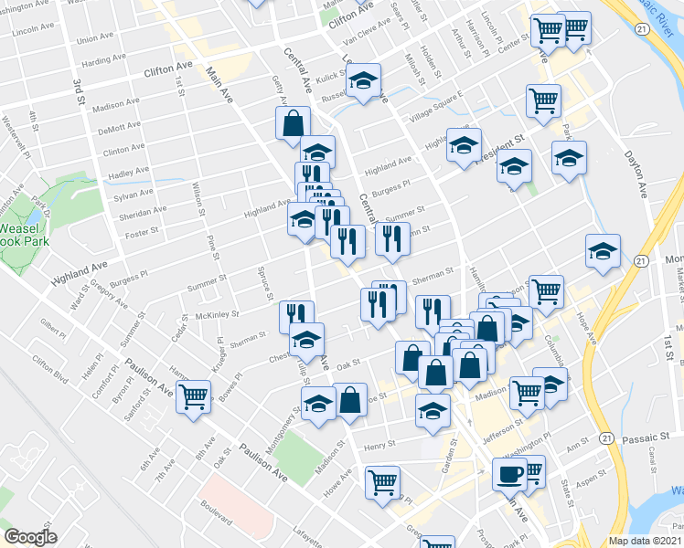 map of restaurants, bars, coffee shops, grocery stores, and more near 408 Harrison Street in Passaic