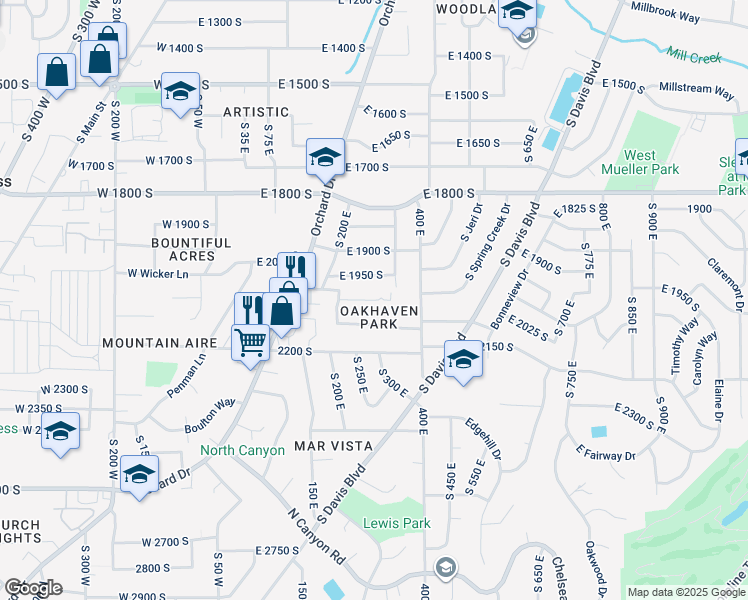 map of restaurants, bars, coffee shops, grocery stores, and more near 296 East 2050 South in Bountiful