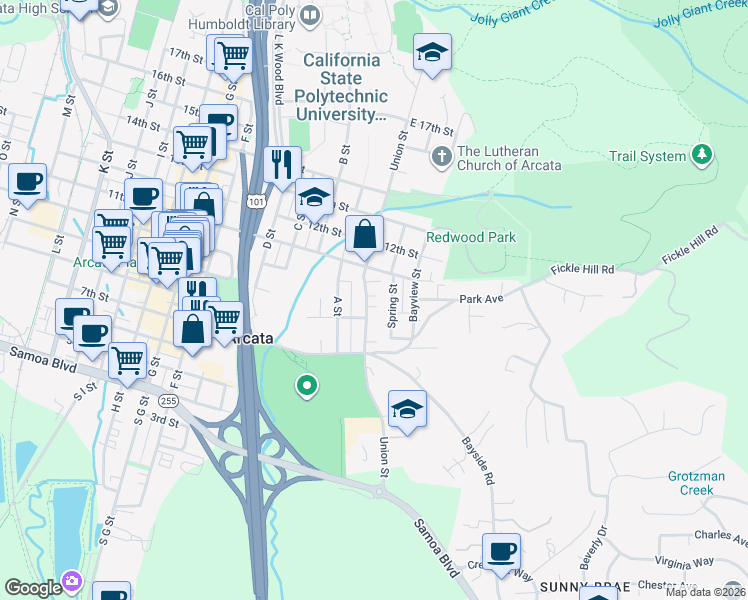 map of restaurants, bars, coffee shops, grocery stores, and more near 915 Spring Street in Arcata