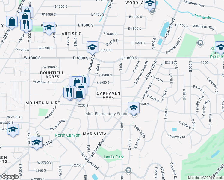 map of restaurants, bars, coffee shops, grocery stores, and more near 2046 South 350 East in Bountiful