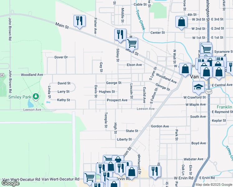 map of restaurants, bars, coffee shops, grocery stores, and more near 403 Sibley Street in Van Wert