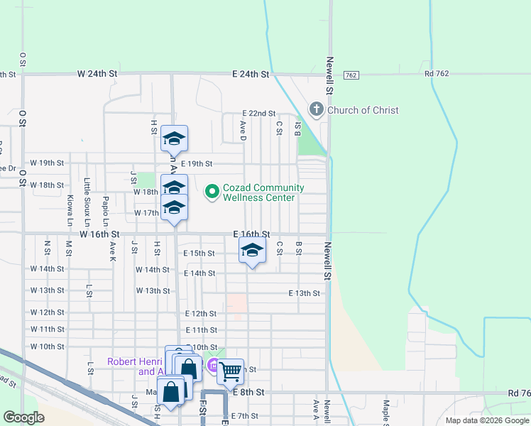 map of restaurants, bars, coffee shops, grocery stores, and more near 1610-1618 Lincoln Avenue in Cozad