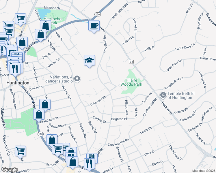 map of restaurants, bars, coffee shops, grocery stores, and more near 1 Highridge Drive in Huntington