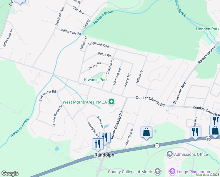 map of restaurants, bars, coffee shops, grocery stores, and more near 5 Harmony Road in Randolph