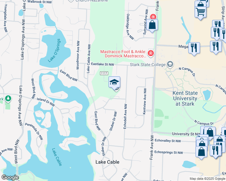 map of restaurants, bars, coffee shops, grocery stores, and more near 5335 Villa Padova Drive Northwest in Canton