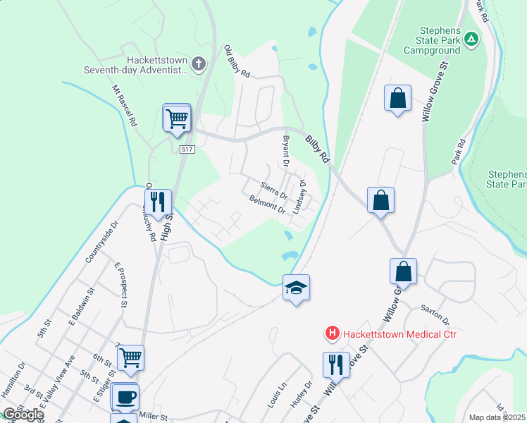 map of restaurants, bars, coffee shops, grocery stores, and more near 838 Belmont Drive in Hackettstown