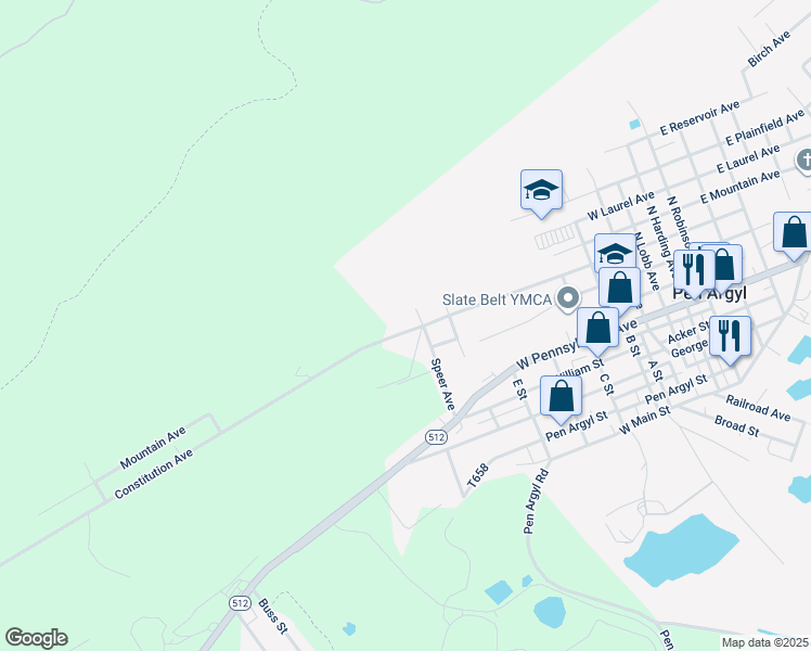 map of restaurants, bars, coffee shops, grocery stores, and more near 821 Constitution Avenue in Pen Argyl