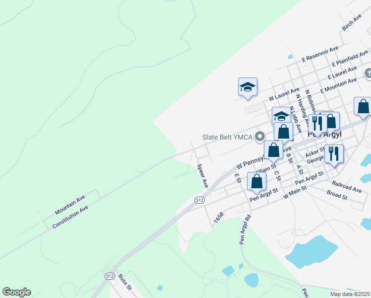map of restaurants, bars, coffee shops, grocery stores, and more near 821 Constitution Avenue in Pen Argyl