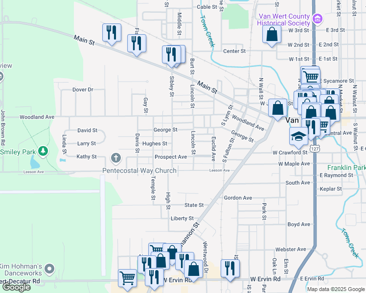 map of restaurants, bars, coffee shops, grocery stores, and more near 839 Prospect Avenue in Van Wert