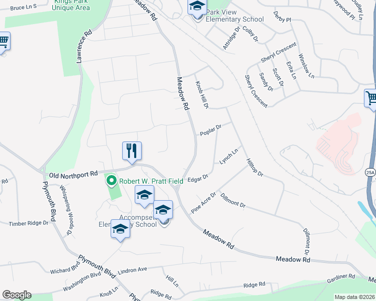 map of restaurants, bars, coffee shops, grocery stores, and more near 602 Meadow Road in Kings Park