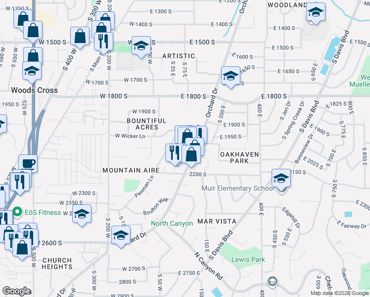 map of restaurants, bars, coffee shops, grocery stores, and more near 2074 South Orchard Drive in Bountiful