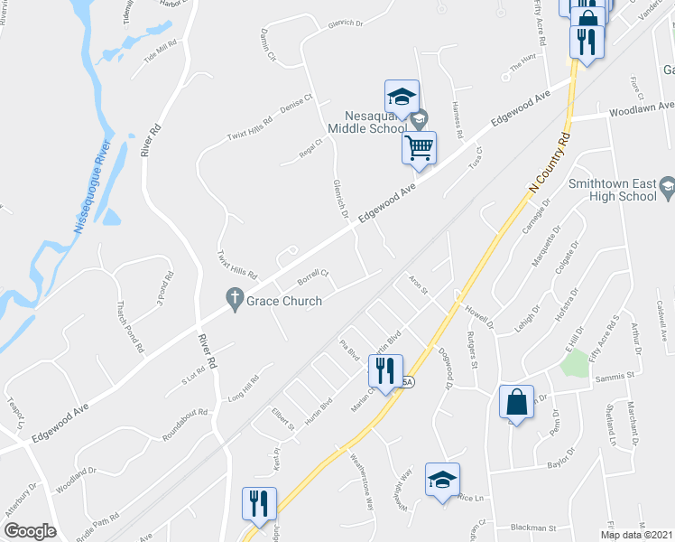 map of restaurants, bars, coffee shops, grocery stores, and more near 4 Borrell Court in Saint James