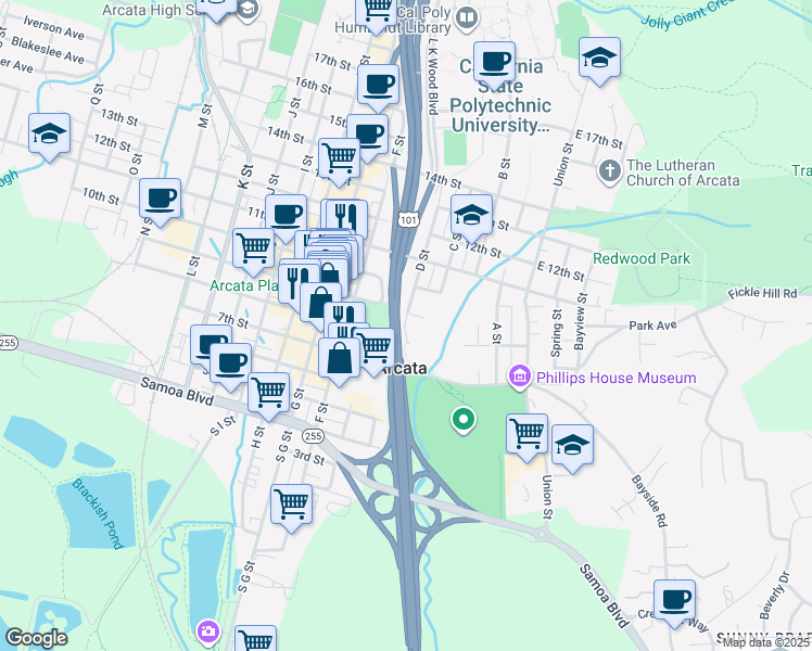 map of restaurants, bars, coffee shops, grocery stores, and more near 880 D Street in Arcata