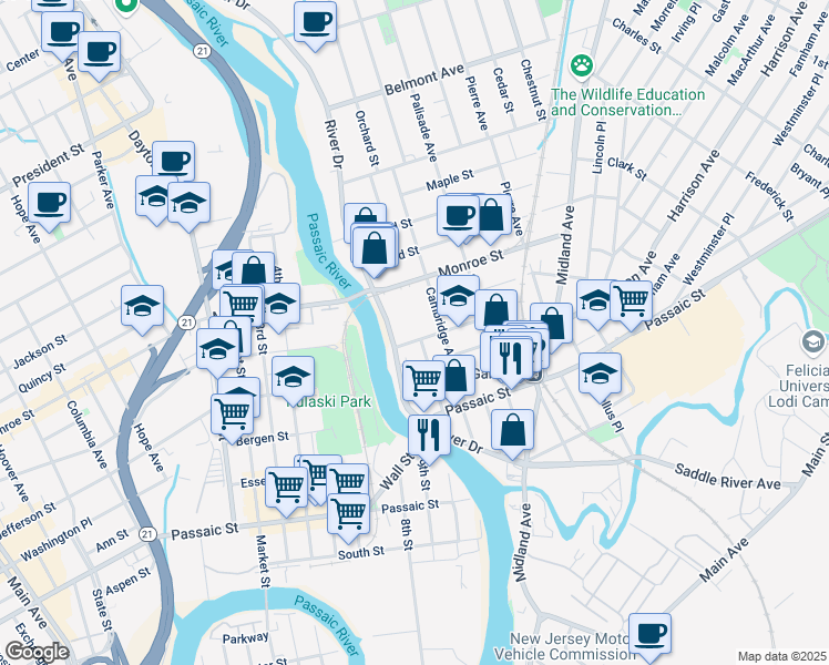 map of restaurants, bars, coffee shops, grocery stores, and more near 18 Hudson Street in Garfield