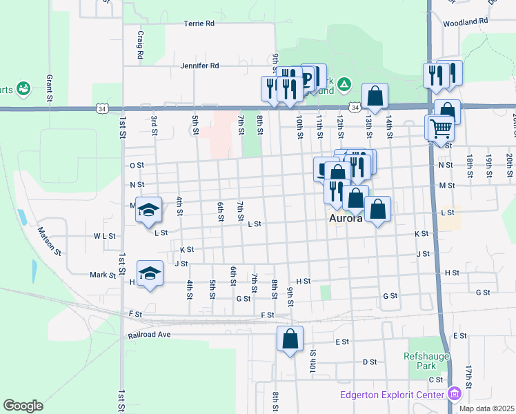 map of restaurants, bars, coffee shops, grocery stores, and more near 1101-1199 8th Street in Aurora