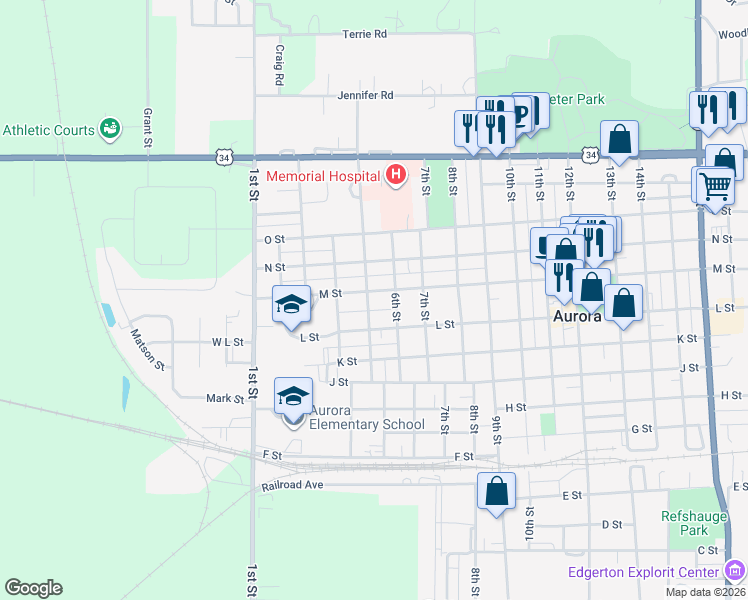 map of restaurants, bars, coffee shops, grocery stores, and more near 1116 5th Street in Aurora