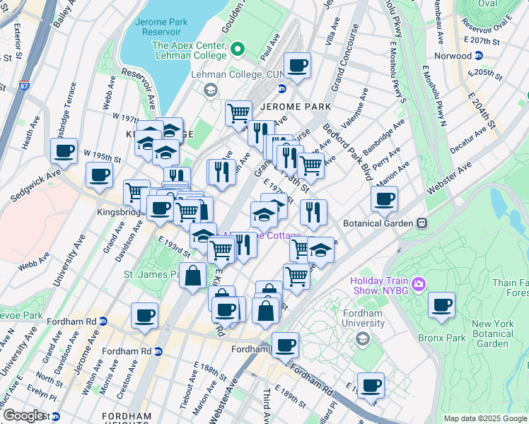 map of restaurants, bars, coffee shops, grocery stores, and more near 2772 Valentine Avenue in Bronx