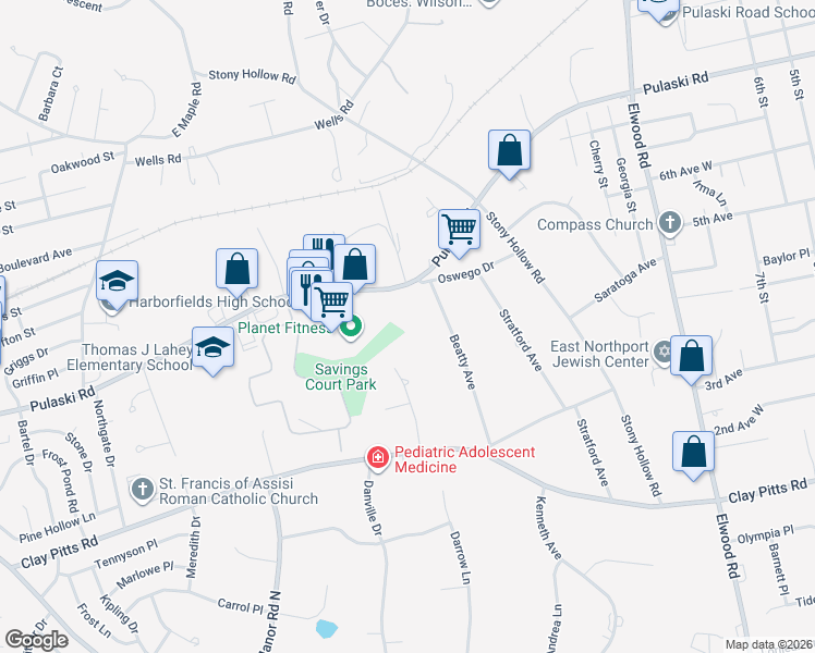 map of restaurants, bars, coffee shops, grocery stores, and more near 150 Duncan Elder Drive in Greenlawn
