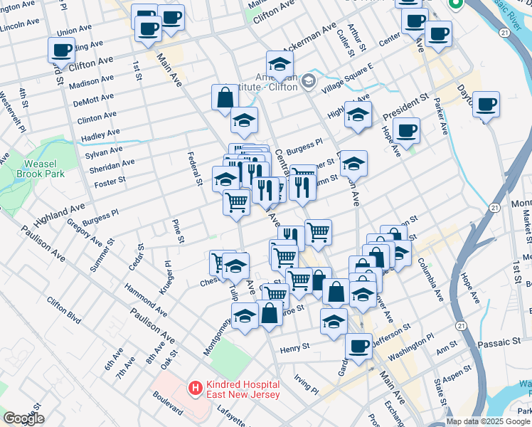 map of restaurants, bars, coffee shops, grocery stores, and more near 897 Main Avenue in Passaic