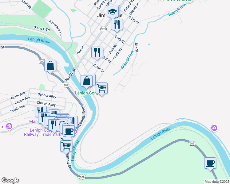 map of restaurants, bars, coffee shops, grocery stores, and more near 114 Silk Street in Jim Thorpe