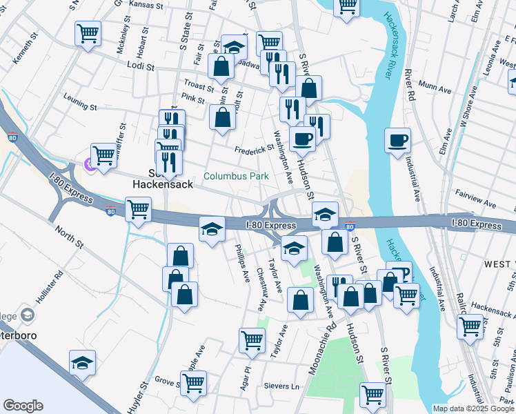 map of restaurants, bars, coffee shops, grocery stores, and more near 310 Taylor Avenue in Hackensack