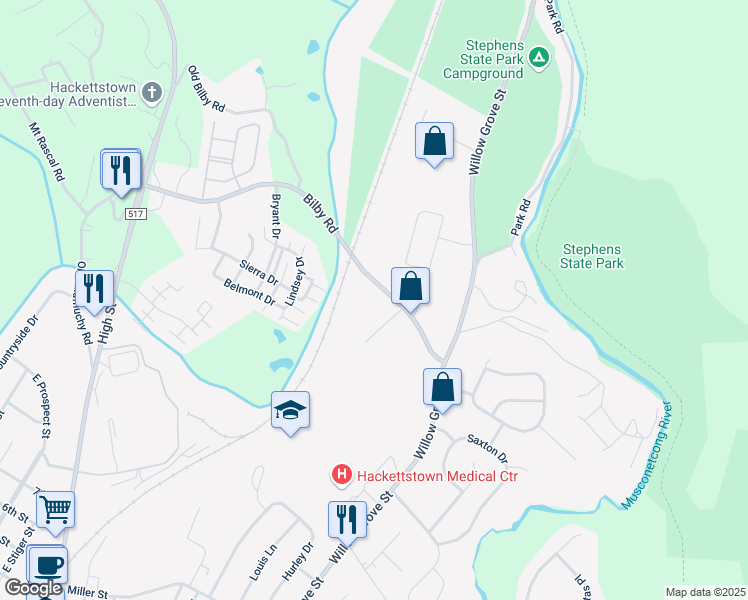 map of restaurants, bars, coffee shops, grocery stores, and more near 112 Bilby Road in Hackettstown