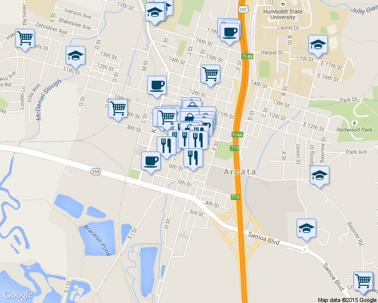 map of restaurants, bars, coffee shops, grocery stores, and more near 780 7th Street in Arcata