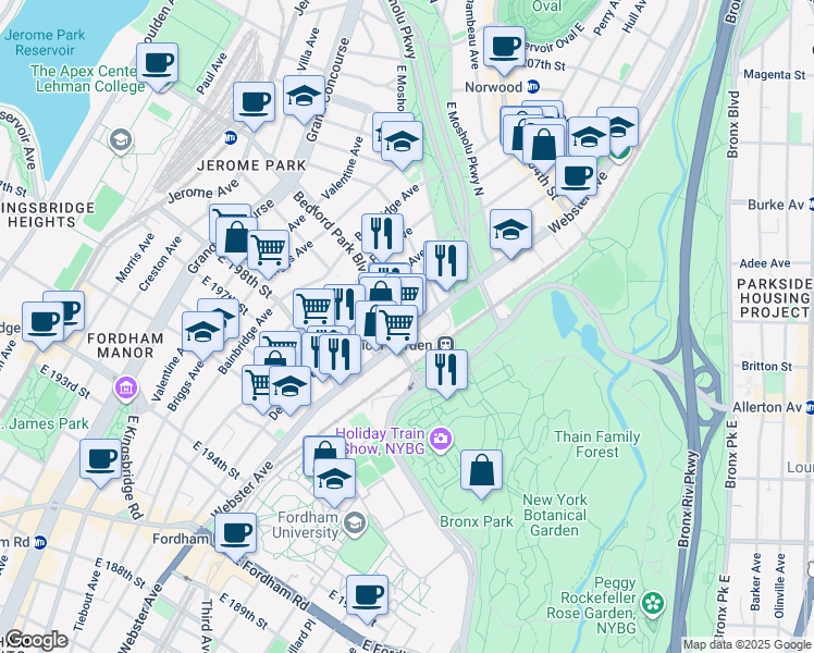 map of restaurants, bars, coffee shops, grocery stores, and more near 2985 Botanical Square in The Bronx